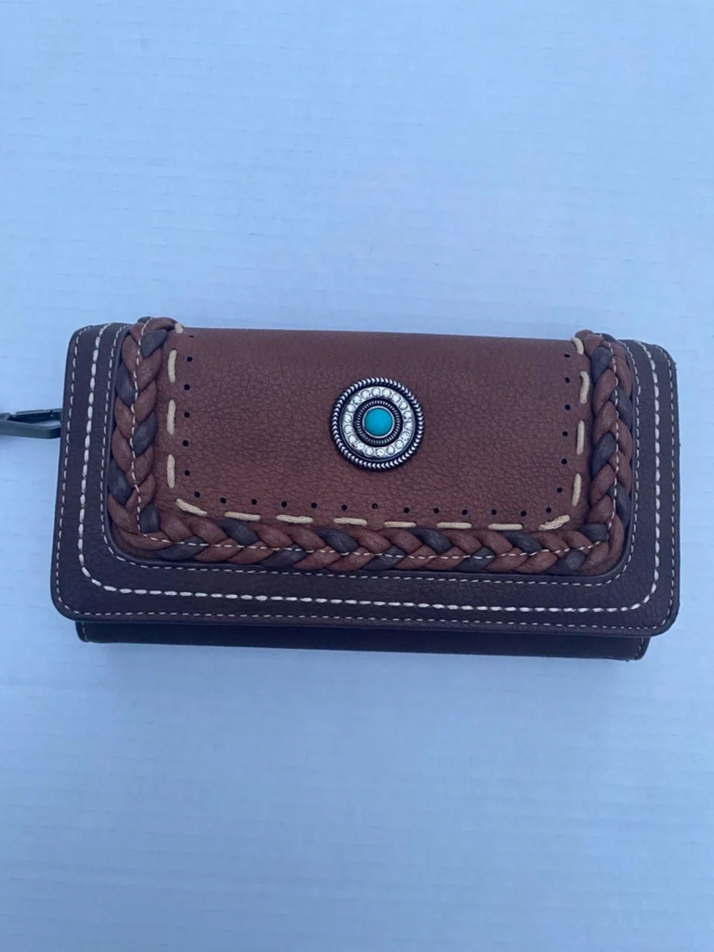 Montana West Two-Tone Brown Wristlet Wallet with Turquoise Concho🩵